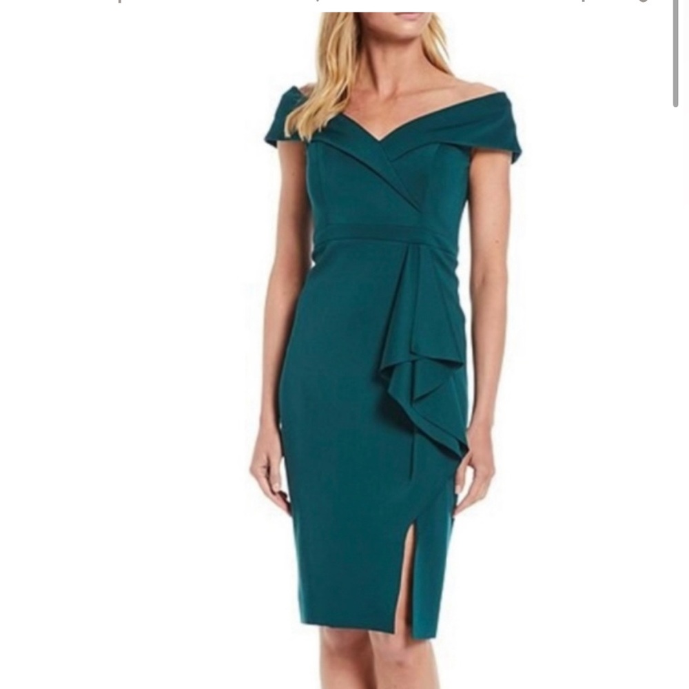 NWT XSCAPE Off the Shoulder Scuba Crepe Column Gown SIZE 14
